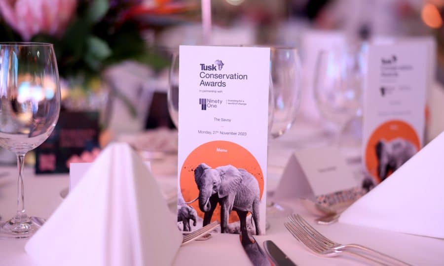 LONDON, ENGLAND - NOVEMBER 27: (L-R) Tusk Award Winner Fanny Minesi, Prince William Award Winner Dr Ekwoge Abwe, Prince William, Prince of Wales and Wildlife Ranger Award Winner Jealous Mpofu attend the 2023 Tusk Conservation Awards at The Savoy Hotel on November 27, 2023 in London, England. (Photo by Chris Jackson/Getty Images for Tusk)