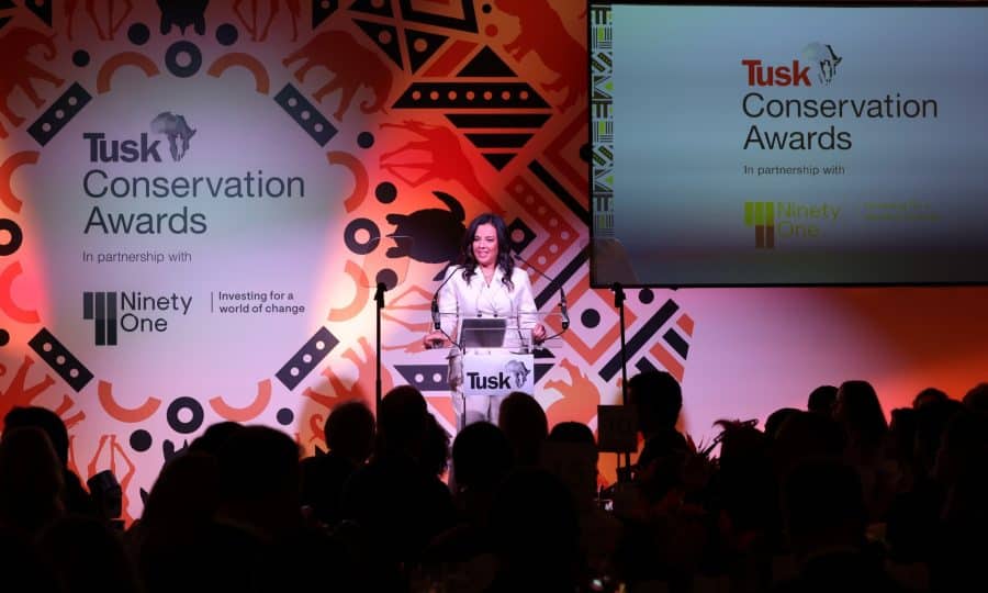 LONDON, ENGLAND - NOVEMBER 27: (L-R) Tusk Award Winner Fanny Minesi, Prince William Award Winner Dr Ekwoge Abwe, Prince William, Prince of Wales and Wildlife Ranger Award Winner Jealous Mpofu attend the 2023 Tusk Conservation Awards at The Savoy Hotel on November 27, 2023 in London, England. (Photo by Chris Jackson/Getty Images for Tusk)