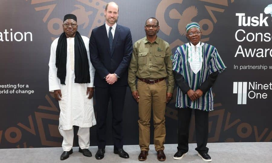 LONDON, ENGLAND - NOVEMBER 27: (L-R) Nomba Ganamé, Prince William, Prince of Wales, Claver Ntoyinkima and Edward Aruna attend the 2024 Tusk Conservation Awards at The Savoy Hotel on November 27, 2024 in London, England. (Photo by Chris Jackson/Getty Images for Tusk)