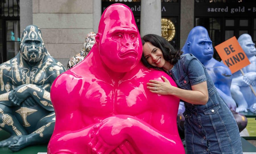 Sally Wood and gorilla at Tusk Gorilla Trail at Covent Garden